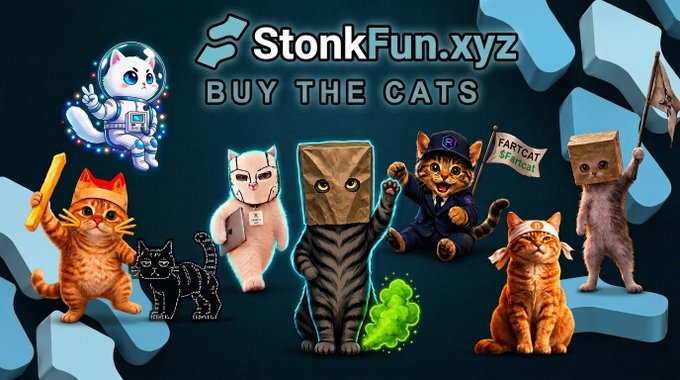 Promotional graphic for StonkFun.xyz featuring various costumed cats with the words "BUY THE CATS" and "FARTCAT SPRINGS".