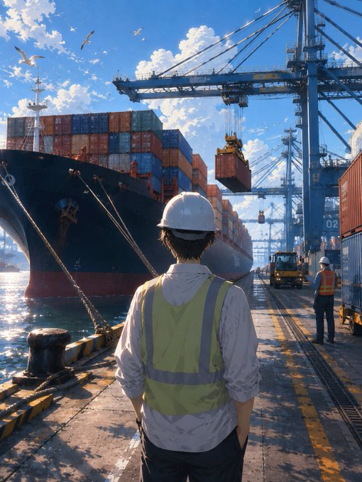 Anime-style illustration of a worker in a white hard hat and yellow safety vest standing on a dock, looking toward a large container ship being loaded by cranes.