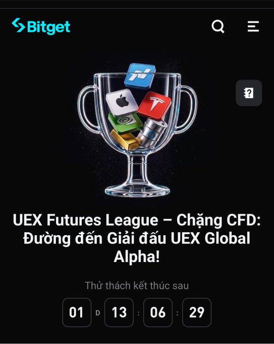 An advertisement for the Bitget "UEX Futures League – Chặng CFD" tournament, featuring a crystal trophy filled with stock and commodity icons above a countdown timer. The image visually represents the competitive stakes of the tournament as it nears its conclusion.