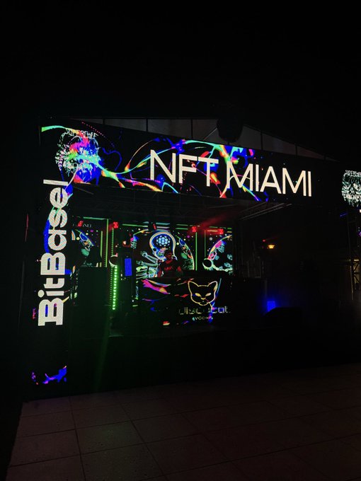 A nighttime view of the 'NFT MIAMI' and 'BitBasel' entrance, featuring colorful digital projections and a neon 'Wild Cat' logo.