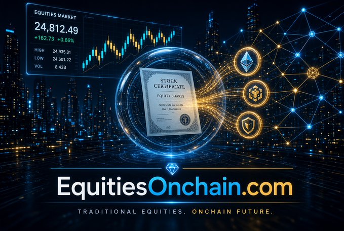 A promotional graphic for "EquitiesOnchain.com" with the tagline "TRADITIONAL EQUITIES. ONCHAIN FUTURE." It displays a stock certificate, a chart showing the EQUITIES MARKET at 24,812.49 (+162.73, +0.66%), and cryptocurrency icons.