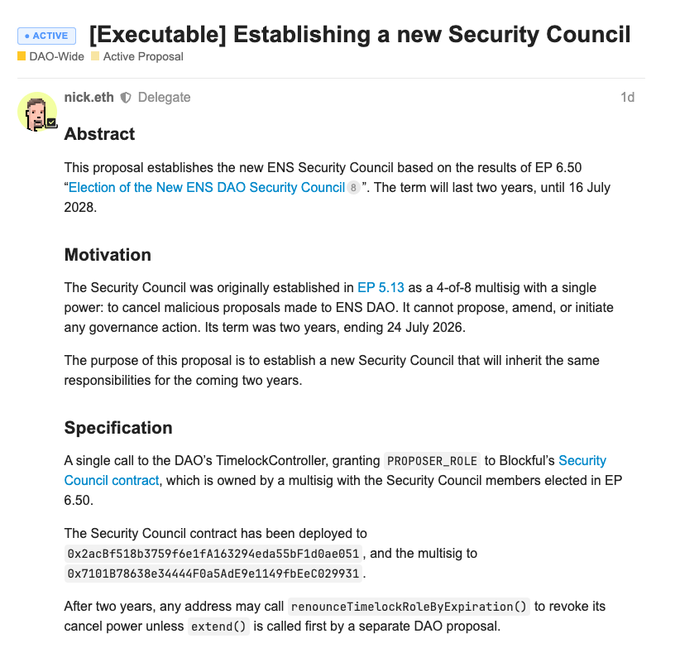 An active DAO-Wide proposal on Snapshot titled '[Executable] Establishing a new Security Council' by delegate nick.eth (1d), with sections for Abstract, Motivation, and Specification detailing a new ENS Security Council term lasting two years until 16 July 2028.