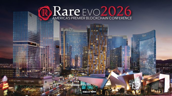 A promotional banner for 'Rare EVO 2026 - America's Premier Blockchain Conference' displayed over a nighttime skyline of Las Vegas featuring the Aria, Vdara, and Dolce & Gabbana storefronts.