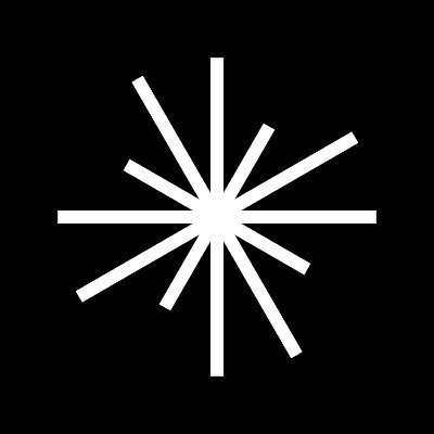 A minimalist black square containing a white starburst or asterisk-like symbol with multiple lines radiating from a central point in different lengths.