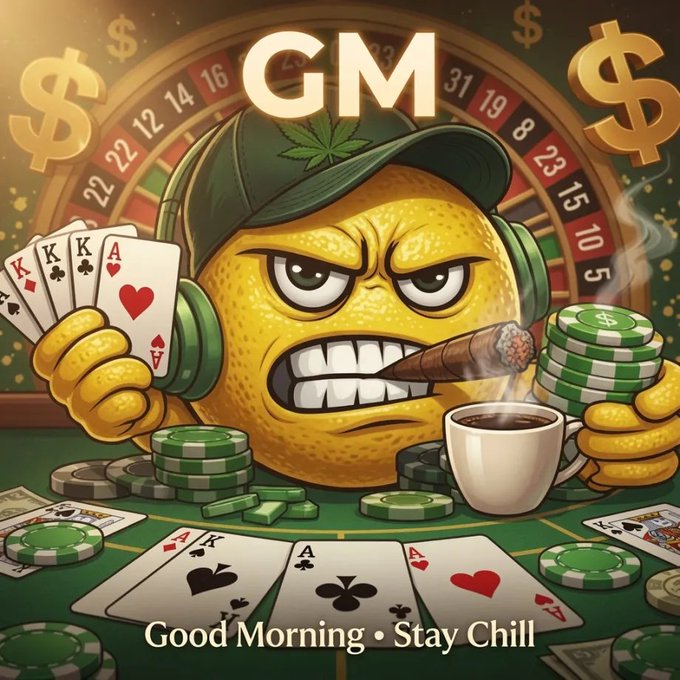 An illustrated cartoon of an angry citrus character wearing a cap, holding playing cards and a cigar, with 'GM' text and 'Good Morning • Stay Chill' at the bottom.