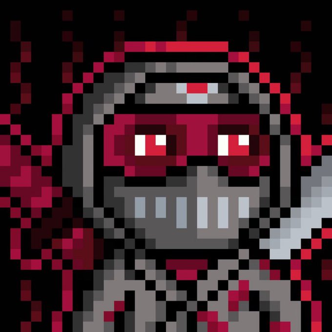 A pixel art illustration of a menacing red and gray armored knight or warrior figure with glowing white eyes against a dark background.