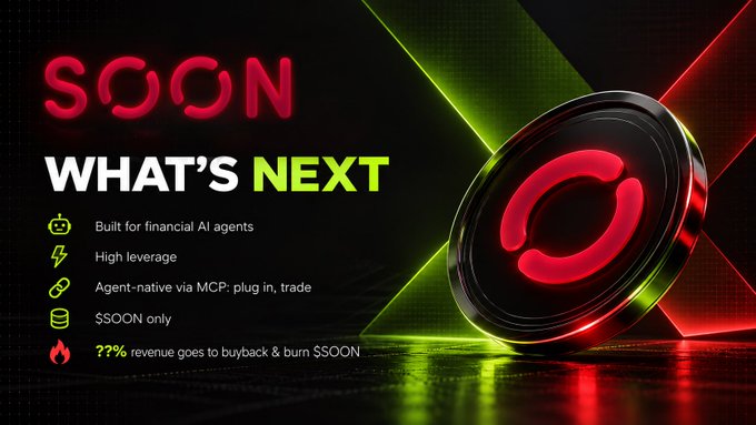 A promotional graphic for 'SOON' titled 'WHAT'S NEXT' featuring a glowing red and black circular logo, with bullet points highlighting features like 'Built for financial AI agents' and 'High leverage'.