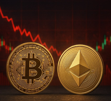 Bitcoin (BTC) and Ethereum (ETH) coins sit in front of a falling red market chart, representing the high crypto ETF activity noted by WSX News. WSX News reported combined spot Bitcoin and Ethereum ETF trading volume above $7.5 billion.