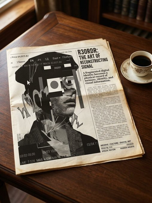 A newspaper with the headline 'R3ORDR: THE ART OF RECONSTRUCTING SIGNAL' lying on a wooden table next to a cup of black coffee on a saucer, with the date 03/03 11.