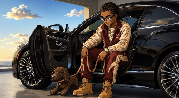 Stylized digital illustration of a young man with braided hair and glasses wearing a Louis Vuitton tracksuit, sitting on the open door of a black luxury car while holding a leash attached to a small dark brown puppy, set against a sunset sky.