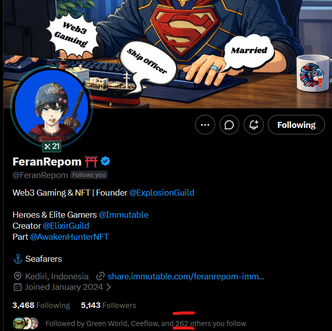A Twitter profile for 'FeranRepom' shows them as Web3 Gaming & NFT Founder @ExplosionGuild, with a banner featuring a Superman figure at a computer and speech bubbles reading 'Web3 Gaming', 'Ship Officer', and 'Married'.