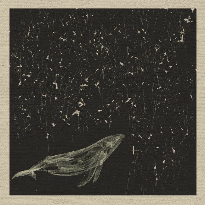 A translucent whale floats against a starry, speckled dark background with vertical streaks, reminiscent of a cosmic rain or nebula scene. The ethereal whale visually echoes the "after 2 years in 6529" reference—suggesting a long, solitary journey through a vast, star-filled digital universe before finally surfacing to share the meme.