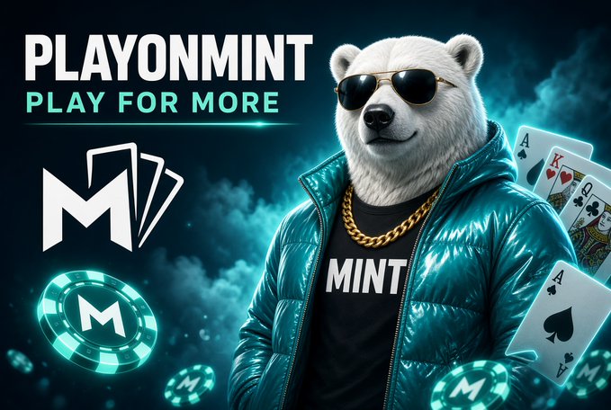 A promotional banner for 'PLAYONMINT - PLAY FOR MORE' featuring an anthropomorphic white polar bear wearing sunglasses, a gold chain, and a teal puffer jacket over a 'MINT' shirt, with playing cards and a glowing poker chip.