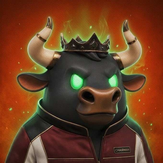 An anthropomorphic black bull with glowing green eyes, golden horns, and a crown wears a maroon varsity jacket bearing a "CHAIRMAN" nameplate, set against a fiery red backdrop—portraying an imposing, meme-worthy "Chad" figure fitting the post's praise of $ANSEM's bullish community leader.