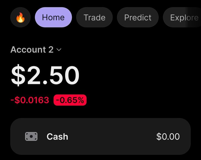 A screenshot of a mobile trading app showing Account 2 with a balance of $2.50, down $0.0163 (-0.65%), and $0.00 cash.