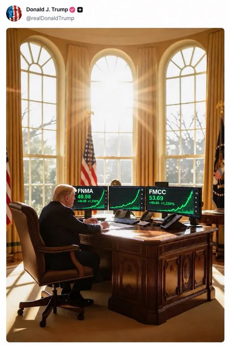 The image, posted by Donald J. Trump on his Truth Social account, depicts him seated at the Resolute Desk in the Oval Office, facing two monitors displaying green upward-trending stock charts labeled "$FNMA" at 49.98 (+1.29%) and "$FMCC" at 53.09 (+1.239%). It visually reinforces his post's message that a major action involving Fannie Mae and Freddie Mac is "IMMINENT" in Q4 2026.