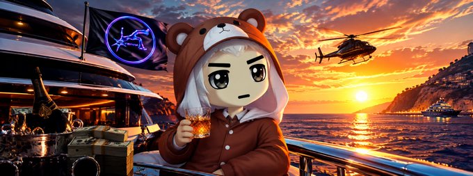 An anime-style character wearing a brown bear hoodie holding a drink on a yacht deck, with a sunset, helicopter, luxury yacht, and a pirate-style flag with a neon unicorn logo in the background.
