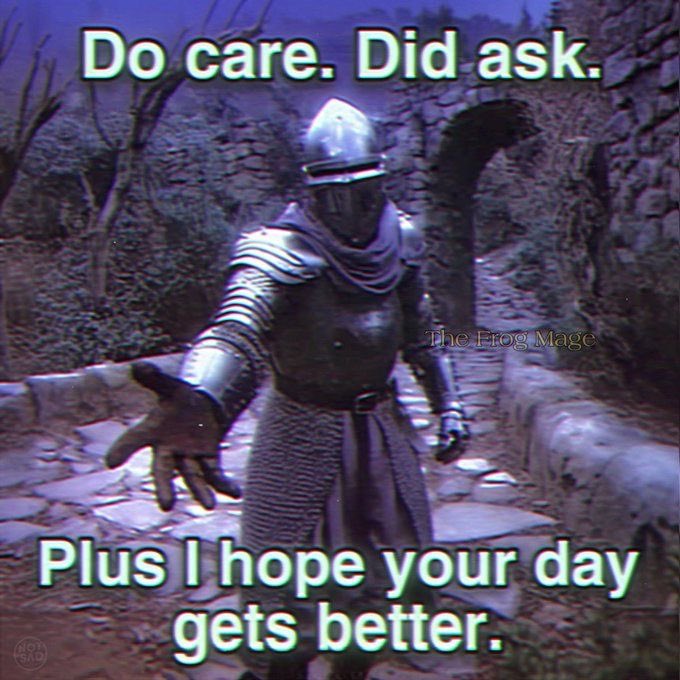 A knight in armor from a video game extends his hand with the text 'Do care. Did ask. Plus I hope your day gets better.' watermarked 'The Frog Mage'.