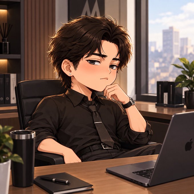 An anime-style illustration of a young man with brown hair in a black shirt and tie, sitting thoughtfully at a desk with a laptop and coffee mug, overlooking a city skyline.