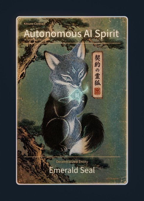 A vintage-style illustration of a fox-like creature holding a glowing orb, designed as an 'Emerald Seal' card with text 'Kitsune Contract', 'Autonomous AI Spirit', 'AI Spirit: Ledo', and Japanese characters '契約の霊狐' (Contract Spirit Fox).