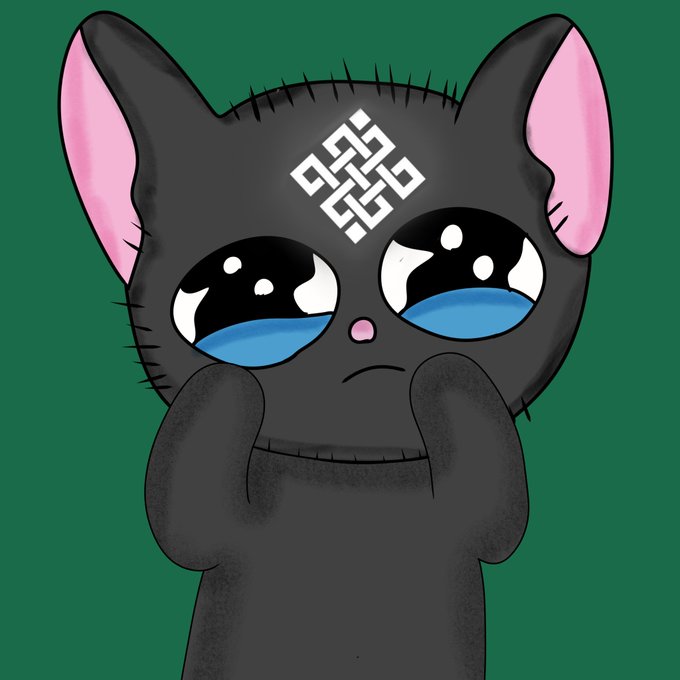 An illustration of a crying black cat with pink ears and a white symbol on its forehead against a green background.