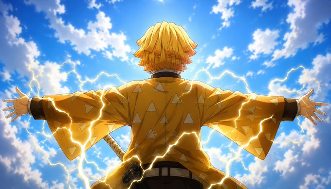 An anime-style illustration of a character with yellow hair, wearing a yellow kimono with triangle patterns, standing with arms outstretched as lightning crackles around them against a blue sky.