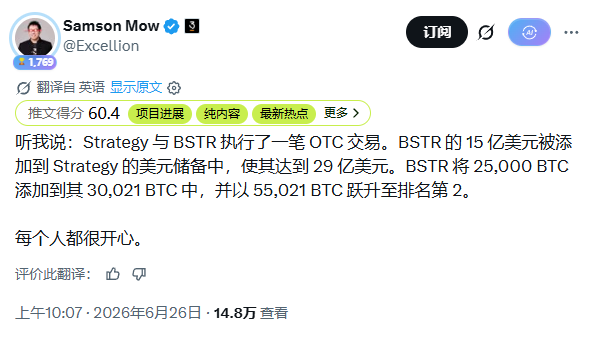 A Chinese-language X post by Samson Mow (@Excellion) reporting that Strategy and BSTR executed an OTC transaction, adding BSTR's $1.5 billion to Strategy's dollar reserves (totaling $2.9 billion) and adding 25,000 BTC to BSTR's 30,021 BTC holdings, reaching 55,021 BTC and ranking #2. The post directly relates to the accompanying comment questioning why BSTR didn't wait to buy MicroStrategy's BTC at a discount on the secondary market.