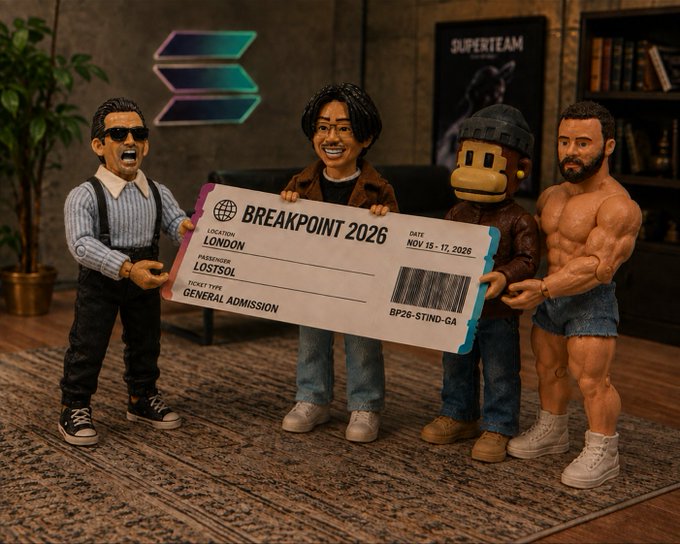 Four toy figurines hold a large ticket reading 'BREAKPOINT 2026' with the location 'LONDON' and 'LOSFOL', departing 'NOV 15-17, 2026', for 'GENERAL ADMISSION'. A 'SUPERTEAM' poster is visible in the background of the room.