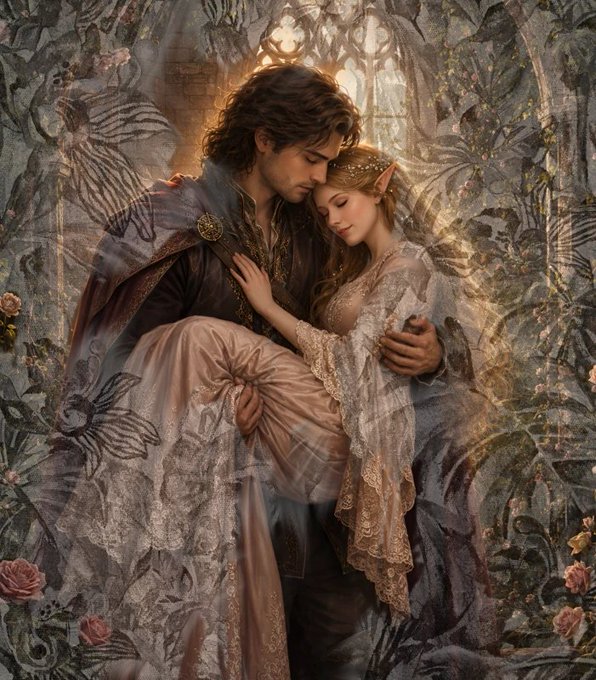 A romantic digital artwork depicting an elven couple in an embrace, with the man holding the woman in an ornate dress, set against an intricate decorative background.