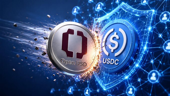 A digital illustration shows two colliding coins labeled "Open USD" and "USDC" against a blue network background, visually representing OpenUSD's emergence as a competitor to Circle's USDC stablecoin by sharing reserve revenue with partners.