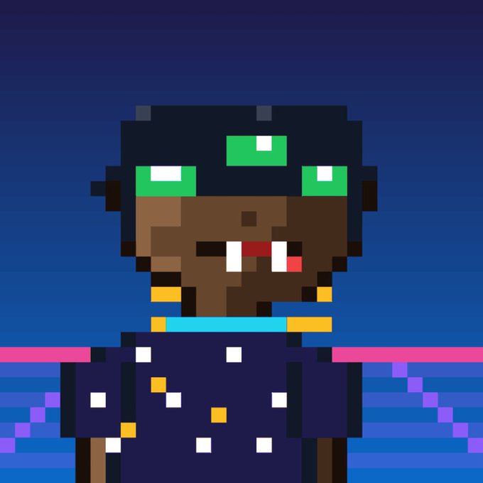 A pixel art portrait of a dark-skinned character with a blue cap, green eyes, and a starry night-patterned shirt against a vibrant blue background.