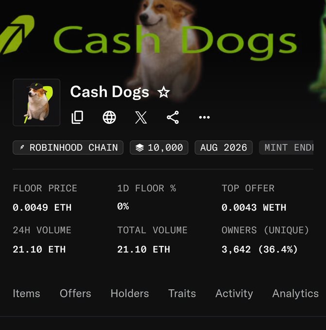 A screenshot of a 'Cash Dogs' NFT collection page on Robinhood Chain showing a floor price of 0.0049 ETH, 24H volume of 21.10 ETH, and 3,642 unique owners out of 10,000 mints in August 2026.