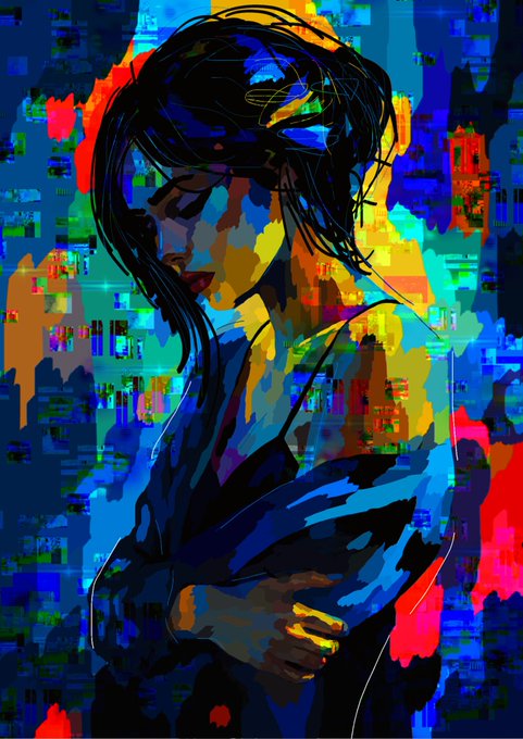 A vibrant, abstract digital painting features a woman with dark hair in a colorful, glitch-art style background with bold blues, yellows, and reds.