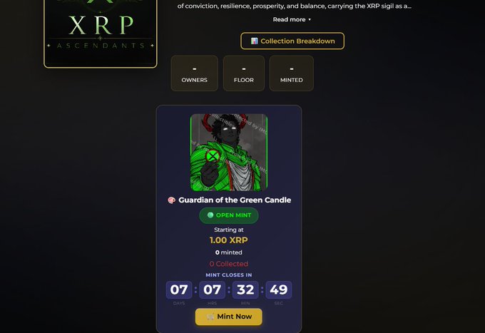 An NFT minting page for 'XRP ASCENDANTS' featuring a 'Guardian of the Green Candle' NFT with an open mint starting at 1.00 XRP, showing a countdown timer of 7 days, 7 hours, 32 minutes.