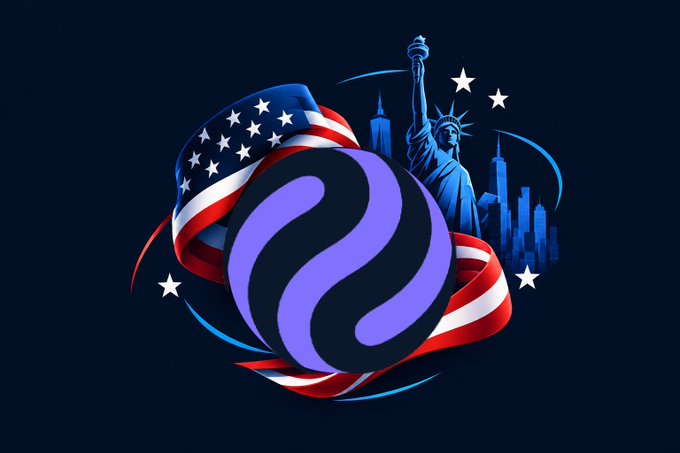 A graphic illustration featuring the Statue of Liberty, the American flag, a city skyline, and a stylized purple logo.