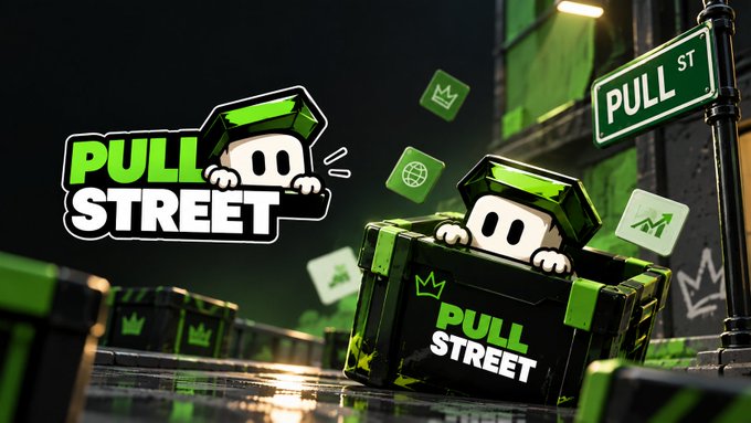 Promotional banner for 'PULL STREET' featuring a green treasure chest character in an urban setting with a 'PULL ST' street sign.
