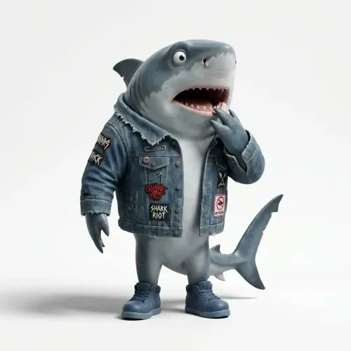 An anthropomorphic shark wearing a denim jacket featuring a "Shark Riot" patch and a peace sign, paired with blue sneakers, stands in a quirky pose. The image aligns with the "BRAINROT" post about #3578 being sold for 0.043 ETH ($67.43), reflecting the meme-inspired "brainrot" aesthetic of absurd, character-driven digital collectibles.