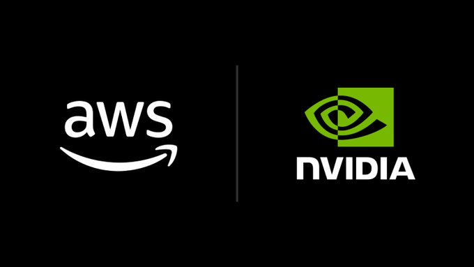 The image displays the AWS and NVIDIA logos side by side on a black background, visually representing the partnership mentioned in the post regarding their announcement of 2 million new GPUs and concerns over compute access for smaller builders and researchers.