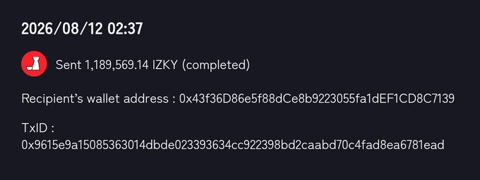 A dark interface displays a completed transaction notification reading 'Sent 1,189,569.14 IZKY' on '2026/08/12 02:37', along with a recipient's wallet address and TxID.