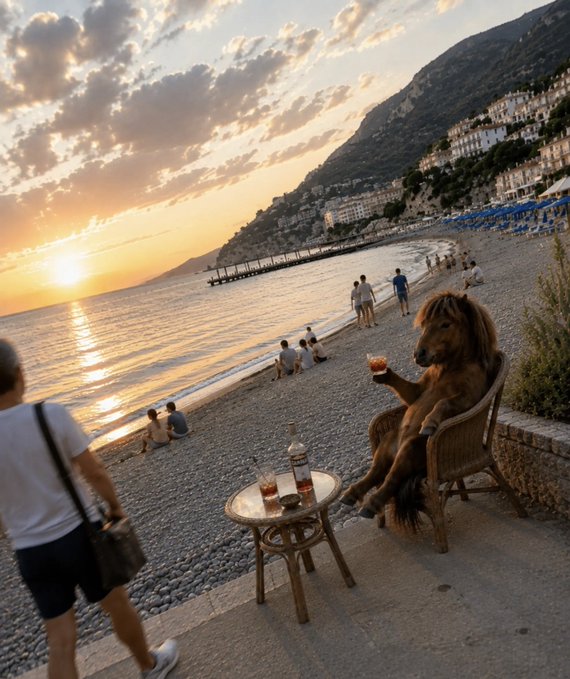 A surreal beachside sunset scene shows a humanoid figure with a horse's head lounging in a wicker chair and holding a glass, with a small table holding a bottle and another drink beside it on a stony beach. The "Diamond Hands" caption humorously plays on the image's absurdity—blending a relaxed, wealthy-looking seaside moment with an impossible creature, riffing on the meme's theme of holding onto assets (or in this case, hooves) through absurd or chaotic situations.