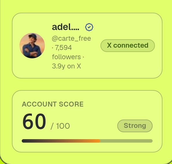 A social media profile dashboard showing an account for 'adel....' (@carte_free) with 7,594 followers, an 'X connected' badge, and an 'Account Score' of 60/100 labeled as 'Strong'.
