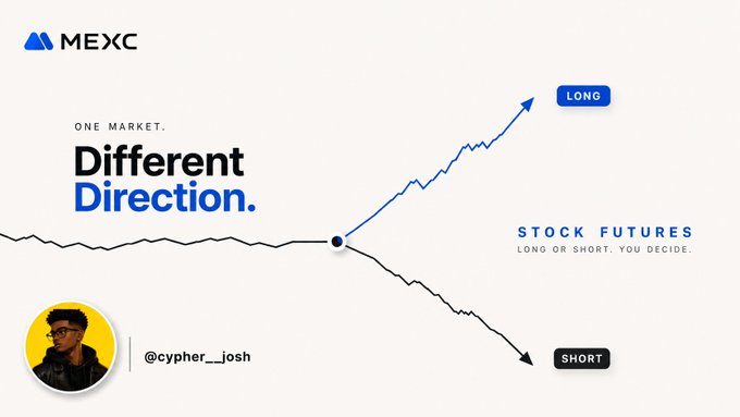 A MEXC promotional graphic featuring the text 'ONE MARKET. Different Direction.' with stock futures arrows pointing to 'LONG' and 'SHORT' options, credited to @cypher__josh.