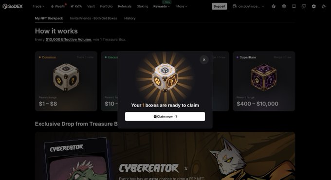 A GoDEX trading platform screen showing a 'How it works' section for NFT Treasure Boxes, with a popup stating 'Your 1 boxes are ready to claim'.