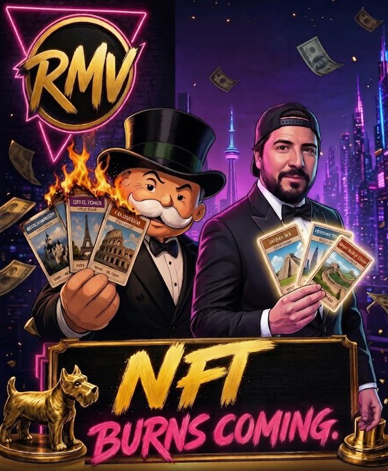 A promotional image for 'RMV' NFT Burns Coming, depicting a Monopoly Man holding Monopoly money and cards, standing next to a man in a tuxedo against a neon city backdrop, with a golden dog statue in the foreground.