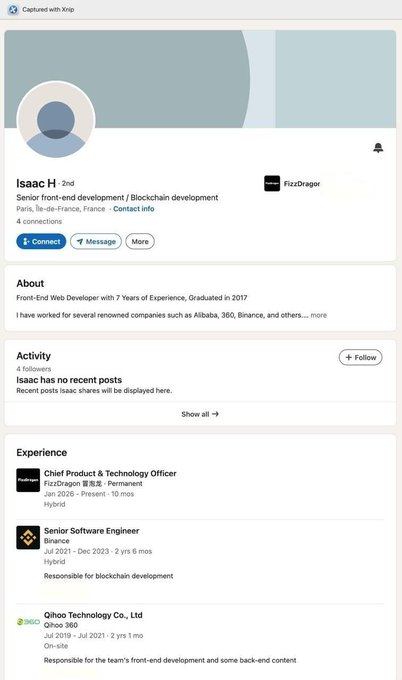 A LinkedIn profile screenshot for Isaac H, Senior Front-end Developer at FizzDragon, showing his experience at Binance and Qihoo Technology with 4 followers.