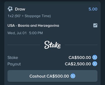 The image shows a Stake.com betting slip for a USA vs. Bosnia and Herzegovina draw on Wed, Jul 01 at 5:00 PM, with a CA$500 stake and CA$2,500 potential payout, along with a cashout option. This relates to the giveaway post by showcasing an example of betting activity on Stake, the platform offering the $150 ETH giveaway.
