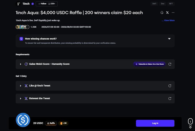 A webpage for '1inch Aqua: $4,000 USDC Raffle | 200 winners claim $20 each' showing entry requirements like 'Galxe Web3 Score - Humanity Score' and social media actions.