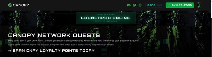 The image is a promotional banner for Canopy Network (ticker: CNPY), highlighting their "Launchpad Online" event and "Canopy Network Quests" loyalty program where users can earn CNPY loyalty points. The banner ties into the accompanying post about Canopy's NestBFT consensus protocol by showcasing the broader Canopy ecosystem and engagement rewards system designed to attract builders and users to their L1 blockchain platform.