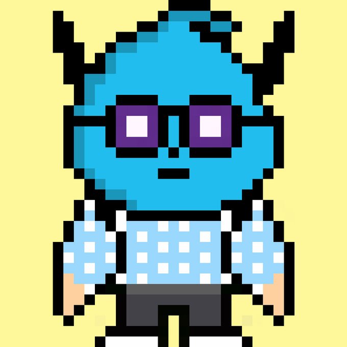 A pixel art character with blue skin, purple sunglasses, and a blue and white checkered shirt standing against a pale yellow background.