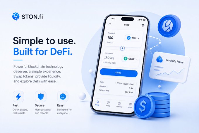 Marketing graphic for STON.fi, a DeFi platform, featuring the tagline 'Simple to use. Built for DeFi' alongside a phone displaying a token swap of 100 TON to 182.35 USDT, with icons highlighting Fast, Secure, and Easy features.
